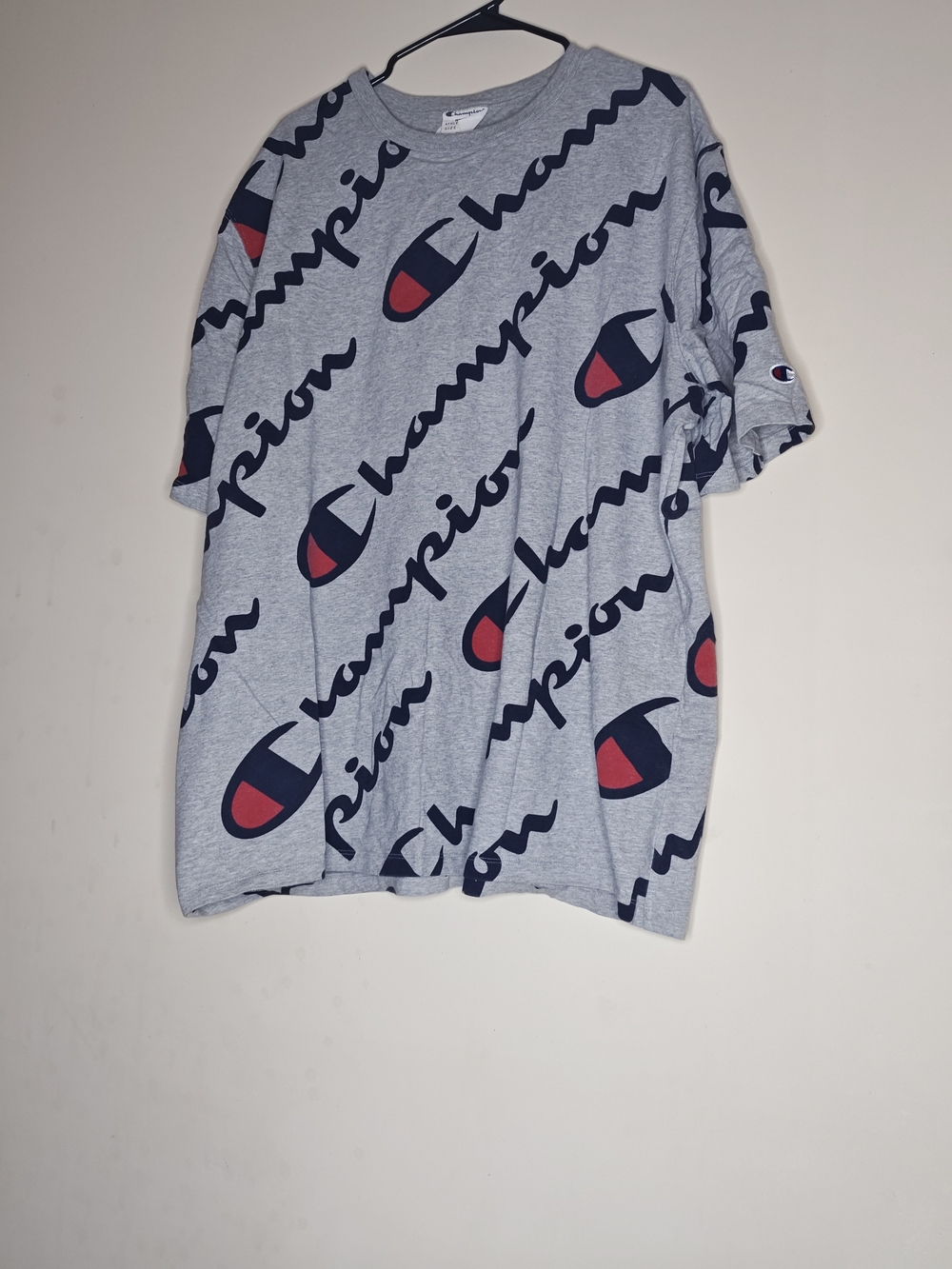 Champion Men's Grey Allover Logo Tee with Red Accents 3XLarge